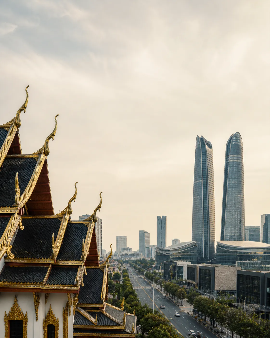 Thai temple and Chengdu skyline connected by a China growth route